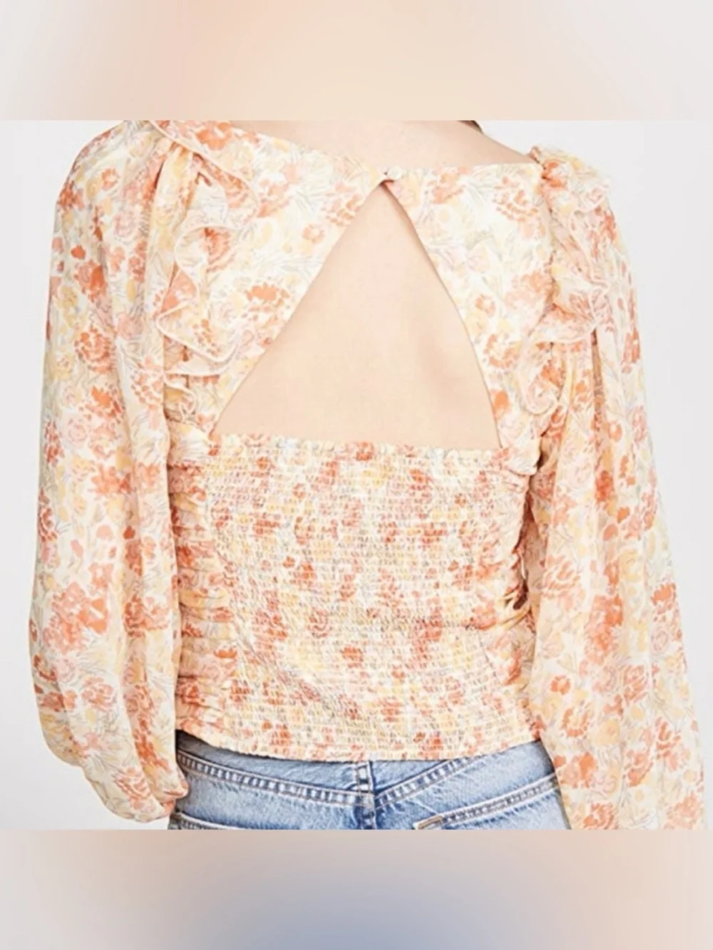 Free People Peach and Yellow Floral Puff-Sleeve Tie Front Blouse - Size XS